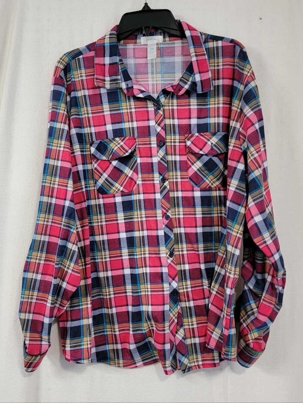 Just My Size Pink Navy Plaid Button-Down Shirt